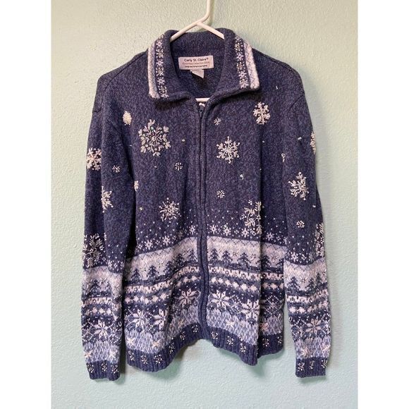 Vintage Women's Blue and‎ White Winter Snowflake Zip Up Sweater Medium - Picture 1 of 11